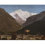 George Hornemann, oil on canvas, Alpine town with mountains beyond, signed and dated 1909, 75 x