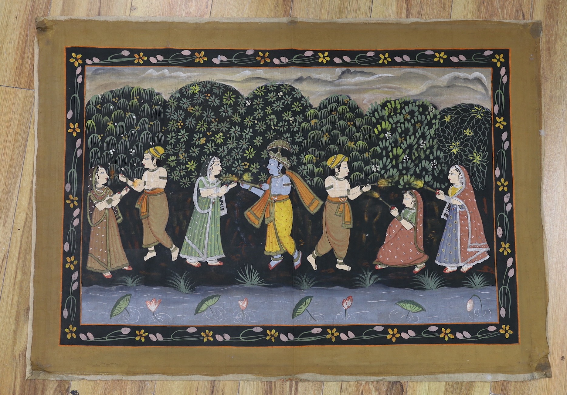 An Indian painted silk panel, two framed Persian paintings and another unframed painting. - Image 4 of 4