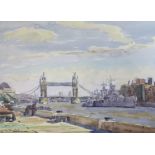 Charles Brooker (1924-2001), watercolour, Tower Bridge with HMS Belfast, signed, 34 x 48cm