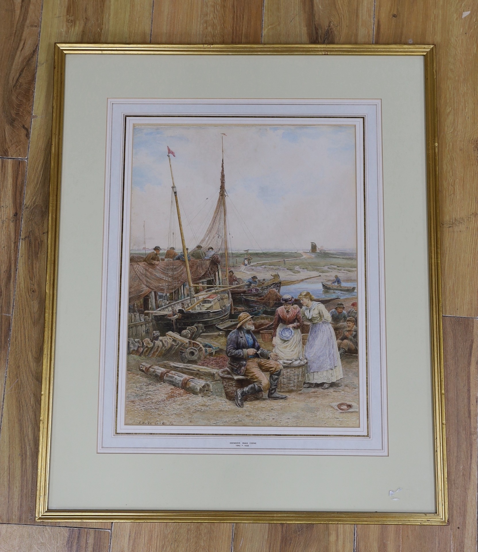 Ebenezer Wake Cooke (1843-1926), watercolour, Selling the day's catch', signed and dated 1884, - Image 2 of 3