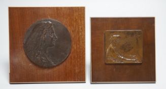 Two Stefan Schwartz bronze relief plaque, mounted on mahogany easels. Largest easel 16cm sq and an