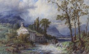 Samuel Henry Baker RBA (1824-1909), watercolour, Cart passing stone cottages, signed, 26 x 40cm