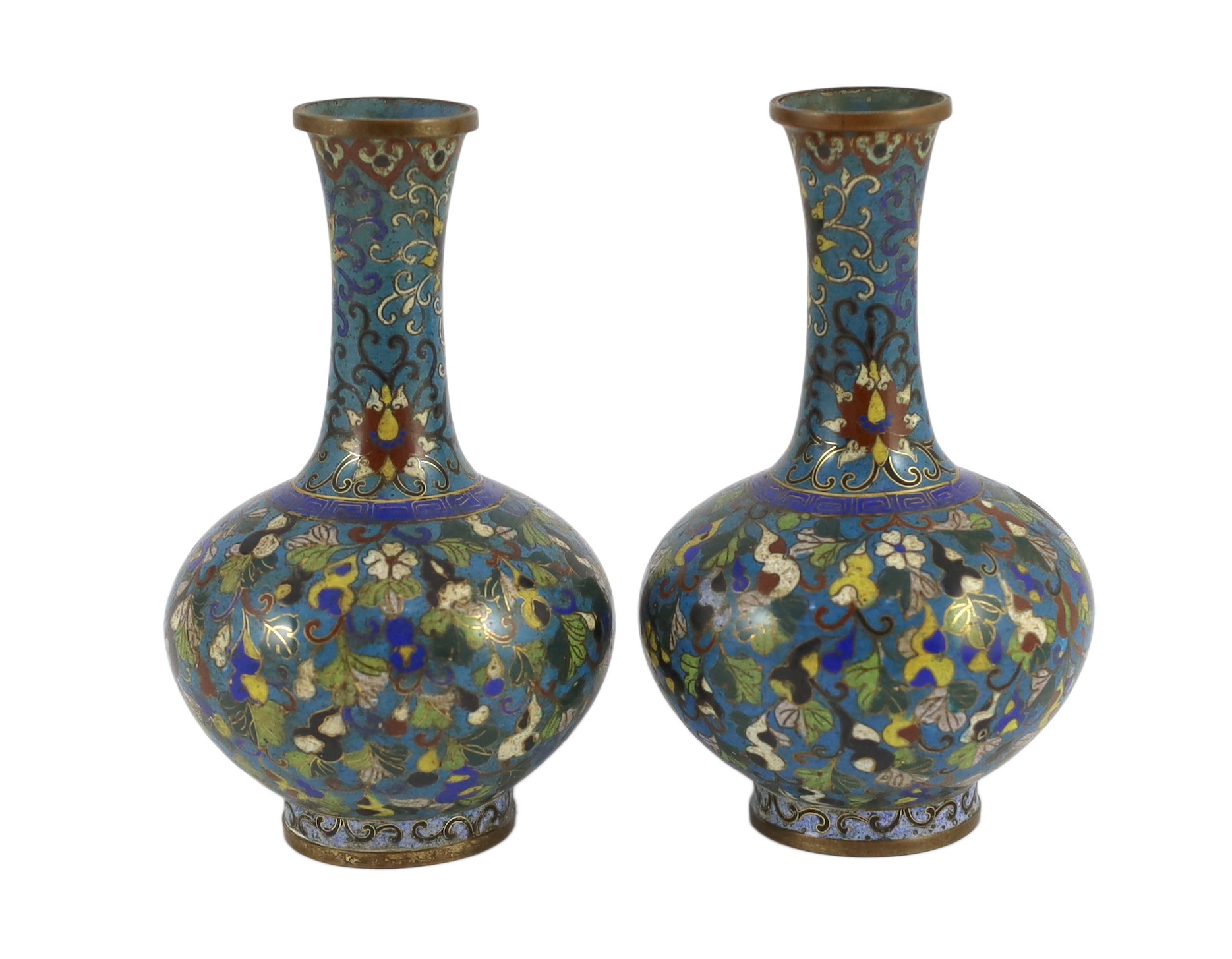 A pair of Chinese cloisonné enamel ‘gourd vine’ vases, early 19th century, decorated in colours with