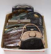 A collection of nine 1930's and 1940's leather, suede and crocodile ladies handbags with unusual