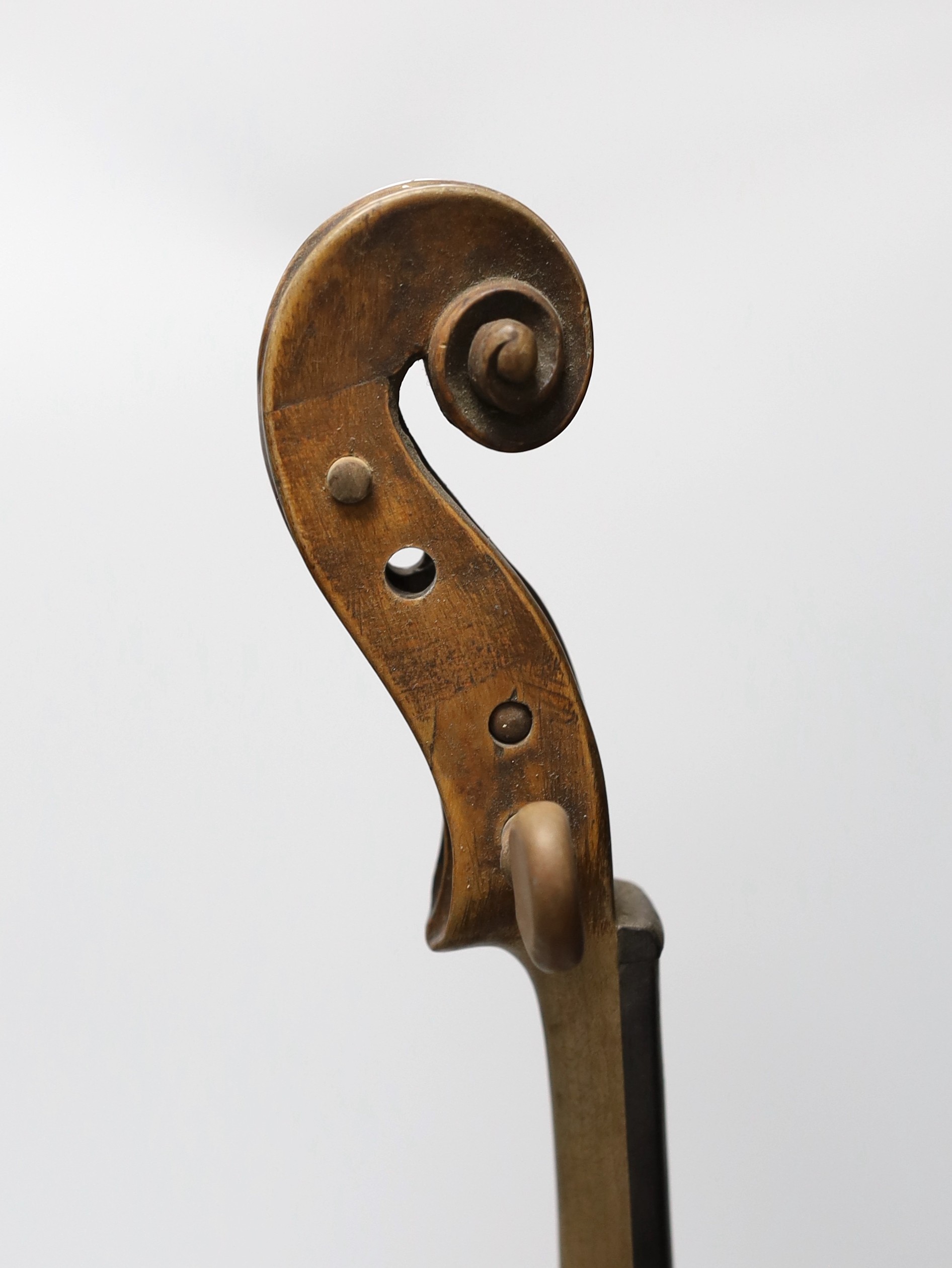 An 18th century German violin labelled Martin Leibmuller Mittenwalde, length of back 14ins, with a - Image 4 of 8