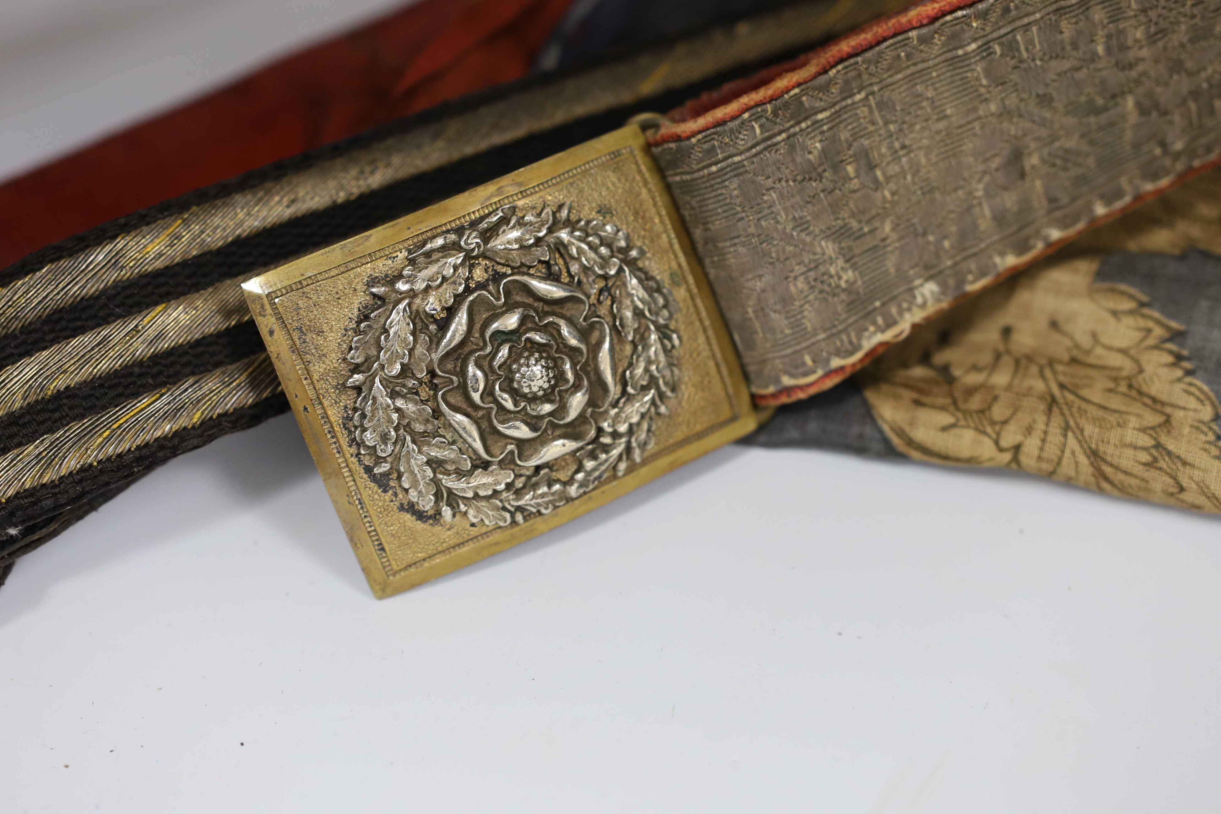 A Royal Naval gilt brass mounted officers belt, an Edwardian Dieu et mon droit belt, a Victorian - Image 3 of 4