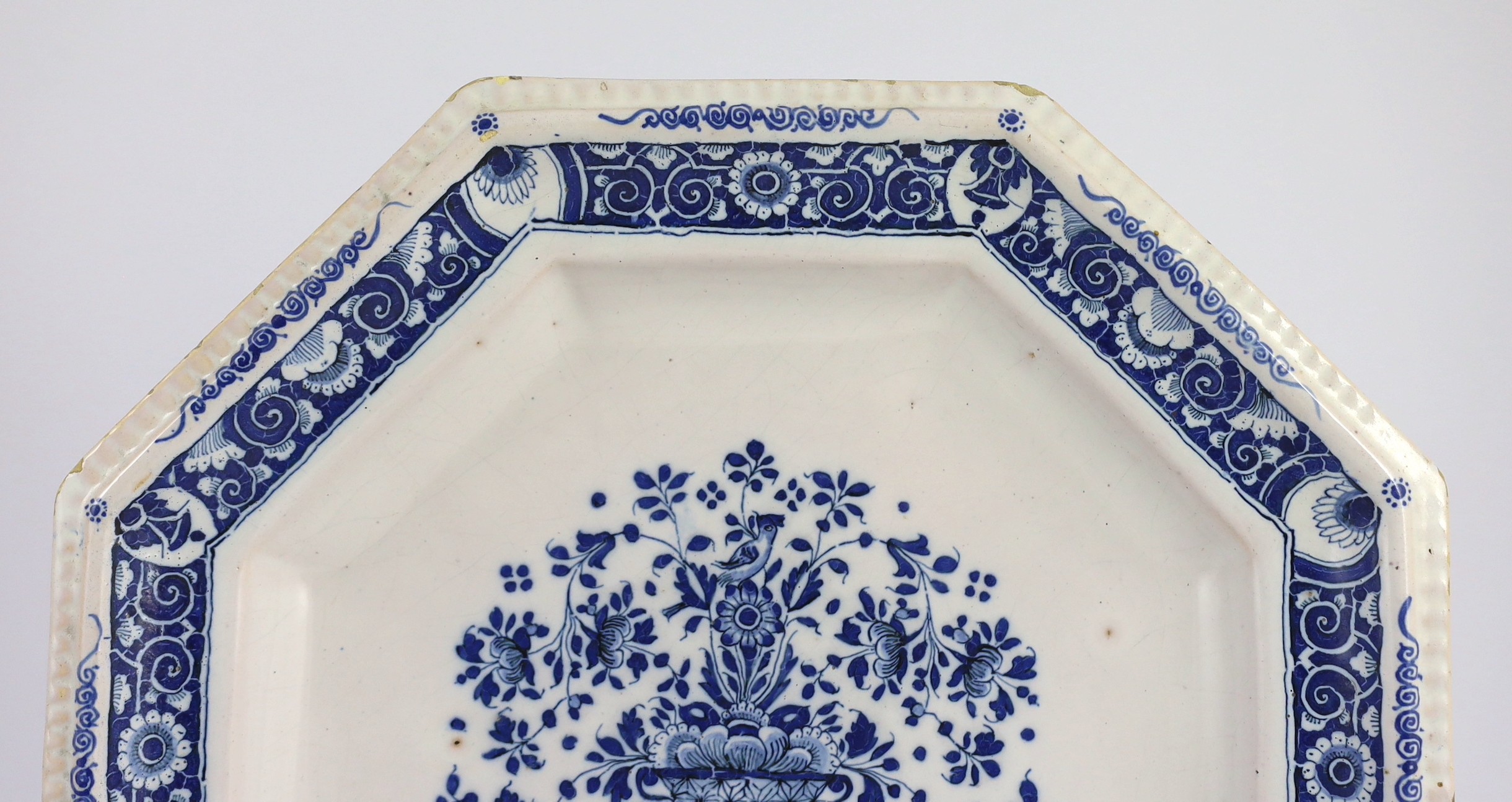 A large Strasbourg faience octagonal dish, c.1720-40, painted in blue with a basket of flowers, - Image 2 of 6