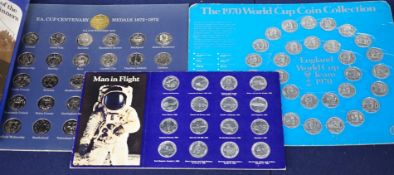 Shell and Esso collector's medals and coins for 1970 World cup, man in flight and FA cup centenary