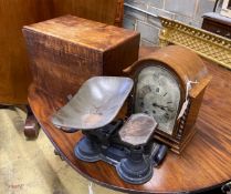 A small Victorian mahogany box, width 43cm, an oak mantel clock and a set of Victorian scales and