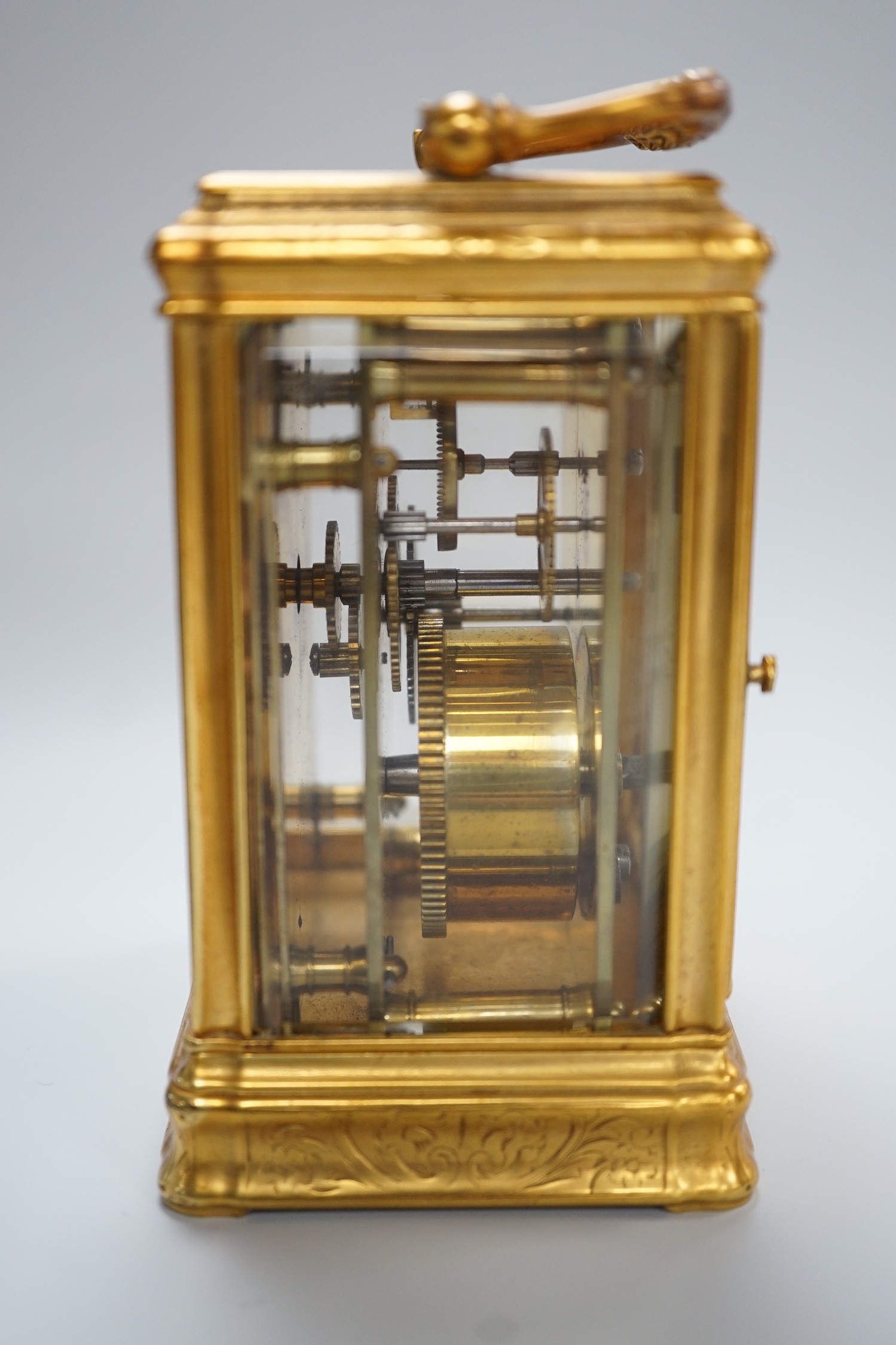 A late 19th century French eight day timepiece, in an engraved brass gorge case. 12cm tall - Image 4 of 6