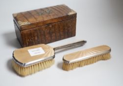 A late Victorian silver mounted crocodile skin jewellery box, 19cm and two silver and enamel mounted