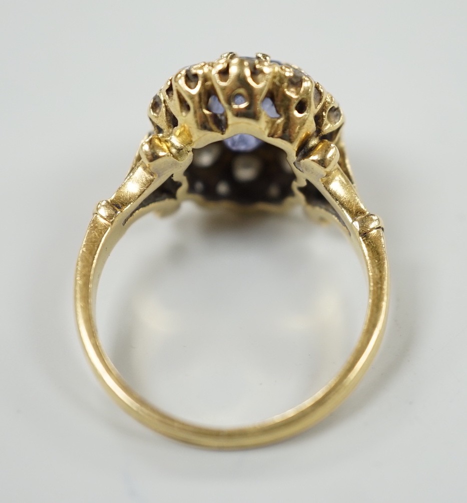 An early to mid 20th century yellow metal, sapphire and diamond set oval cluster dress ring, size - Image 4 of 4