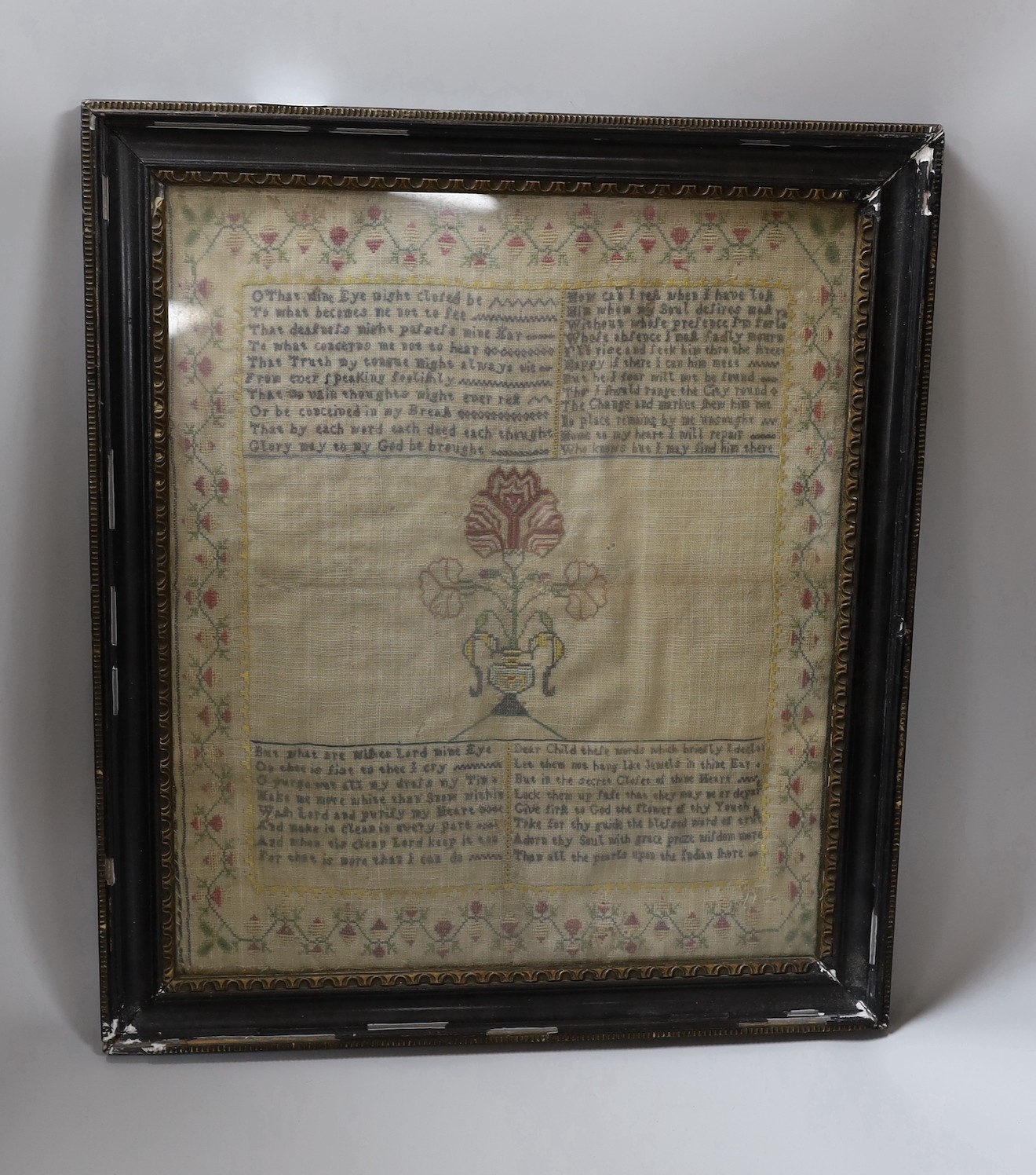 An 18th century framed silkwork sampler, 37x32cm excl frame