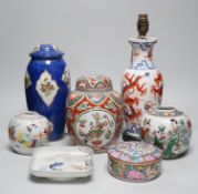 A group of Chinese famille rose jars, Paris porcelain lamps etc - tallest 34.5cm