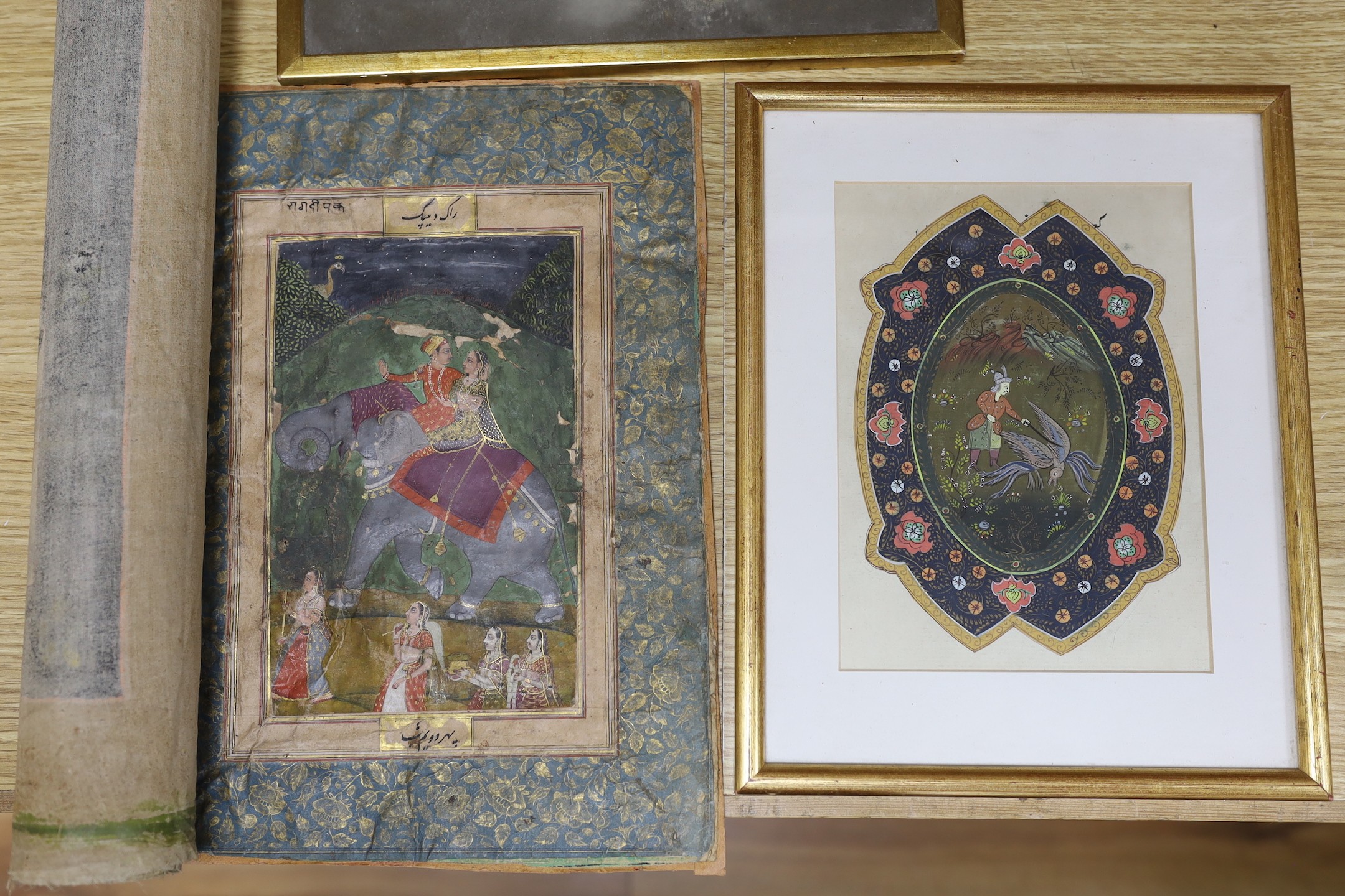An Indian painted silk panel, two framed Persian paintings and another unframed painting. - Image 2 of 4
