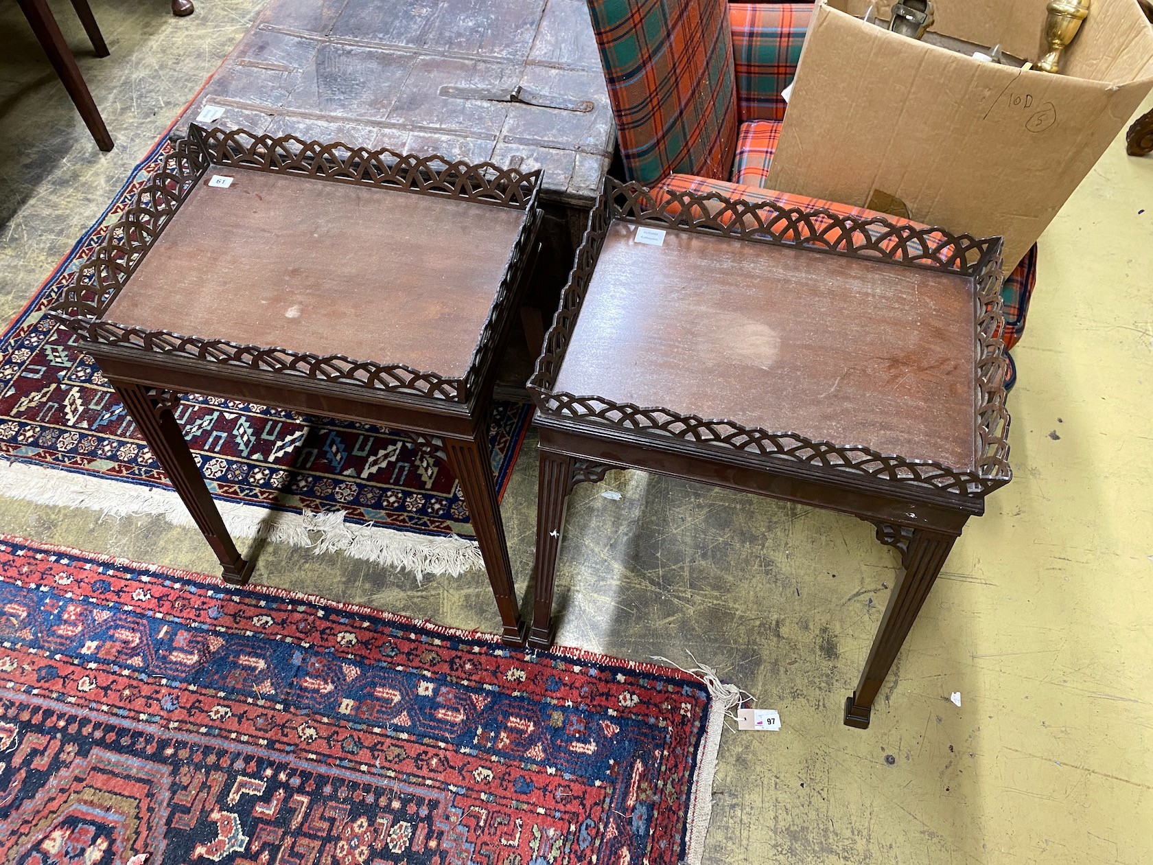 A pair of George III style rectangular mahogany fret cut occasional tables, width 54cm, depth - Image 2 of 2