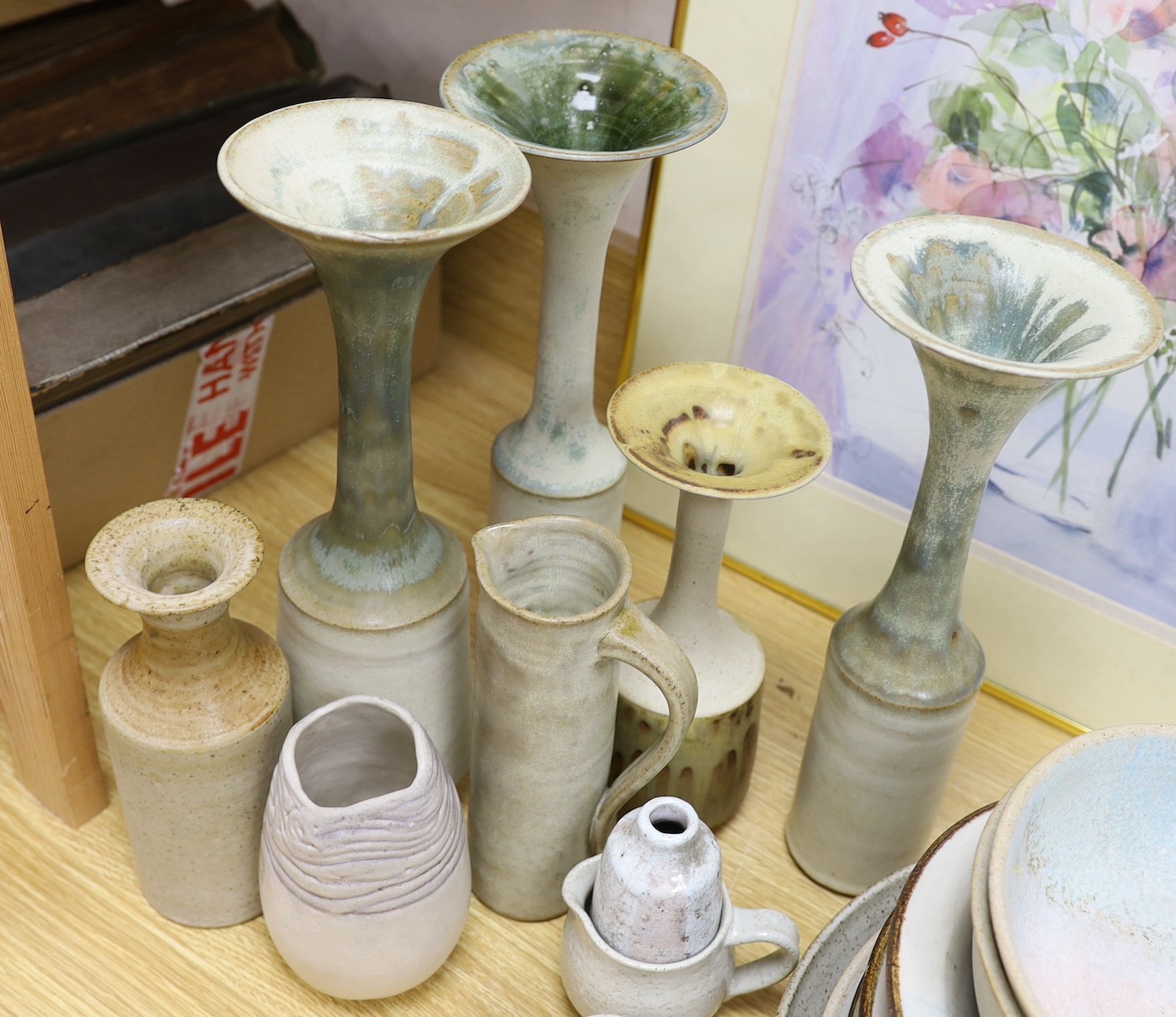 A collection of studio pottery tall stemmed vases and dishes and bowls, The majority by Susan - Image 3 of 4