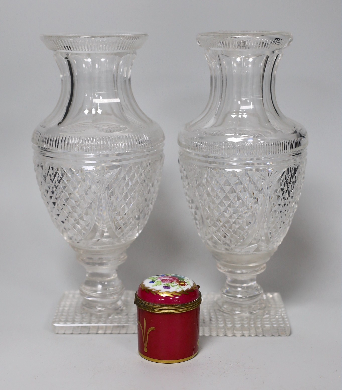 A pair of 19th century glass vases and a Limoges box