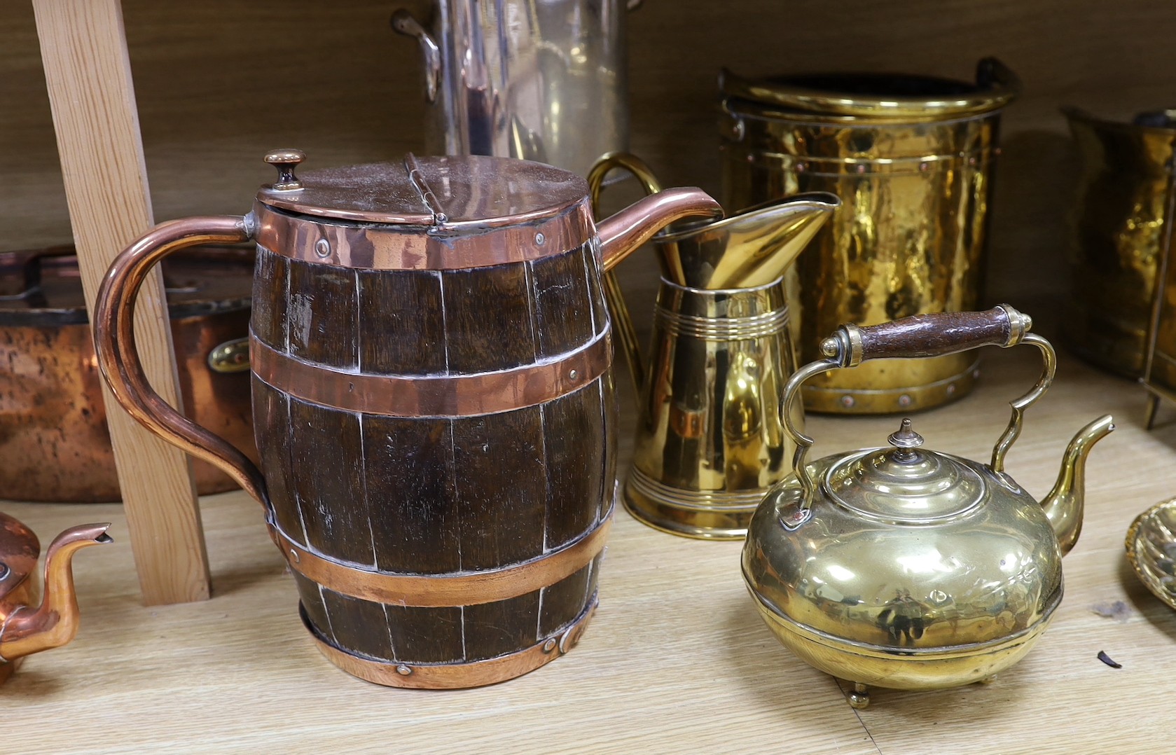 Sundry brass and copper, including a brass fireman’s helmet, a coal helmet, a staved and coopered - Image 4 of 6