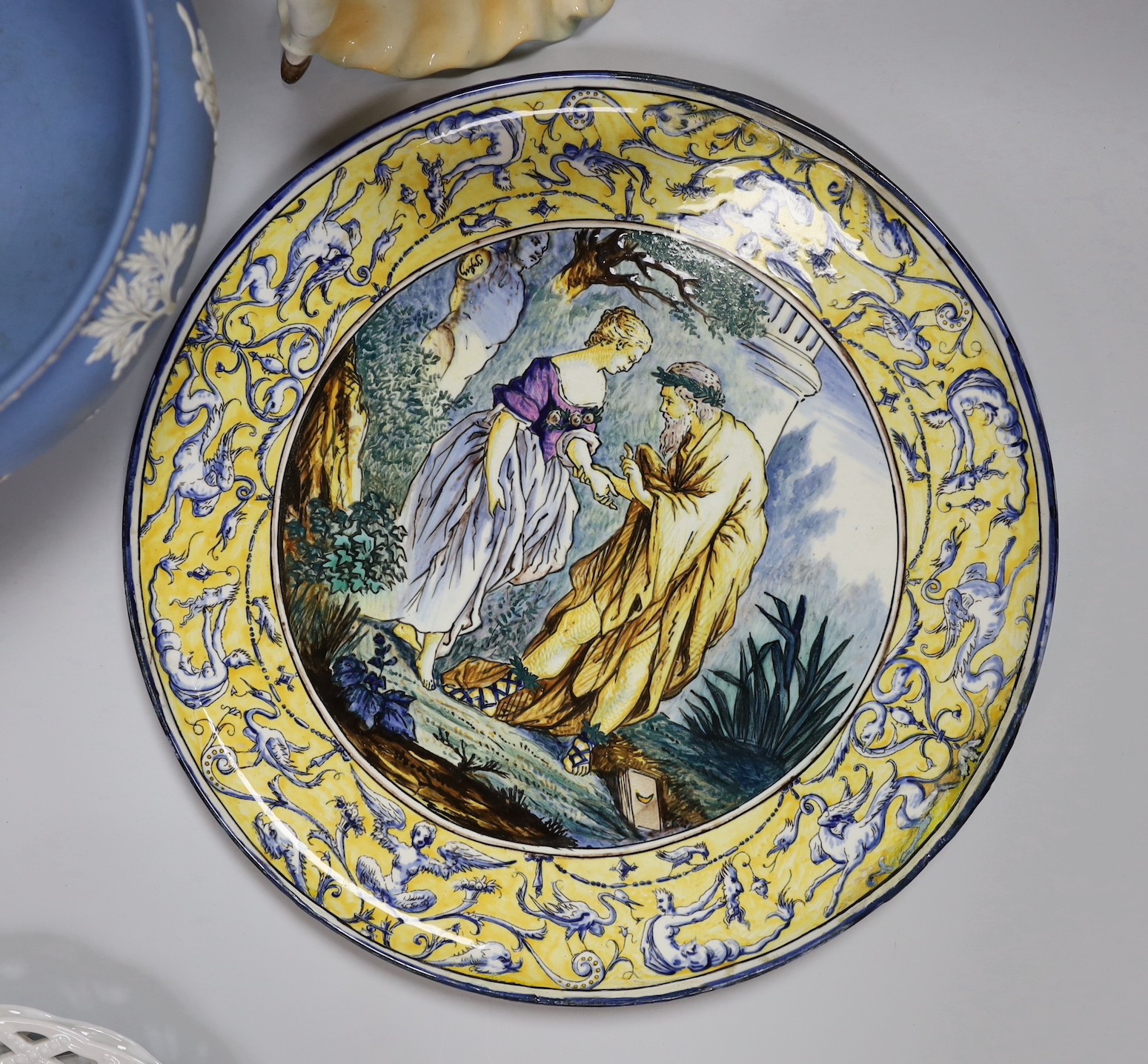 A Gien faience dish, Wedgwood jasper fruit bowl, an Art Deco Katzhutte figure and a pair of - Image 3 of 6