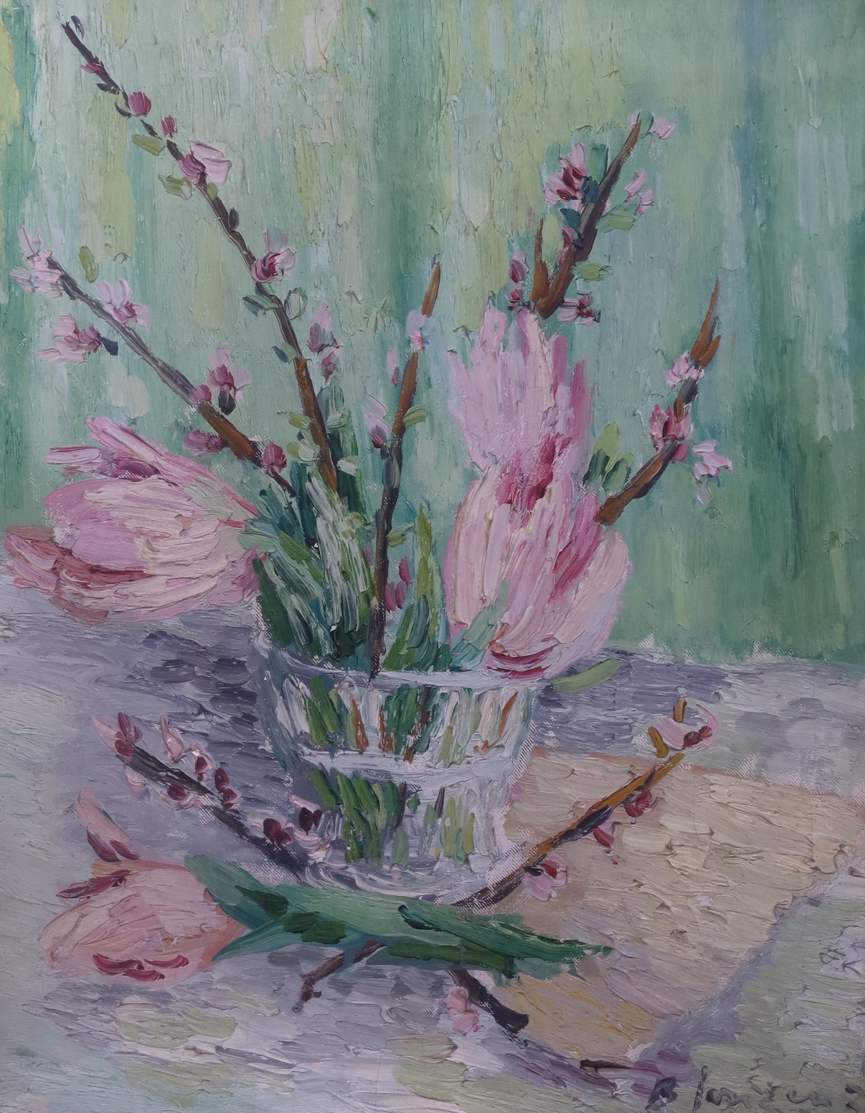 § § Basil Jonzen (1913-1967) Still life of Magnolia blossom in a glass vaseoil on canvassigned and