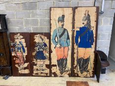 A set of four vintage French printed panels, largest width 66cm, height 214cm