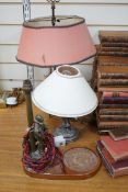 A Sheffield plated figural table lamp, A brass figural ‘Pierrot’ table lamp and An Eastern brass