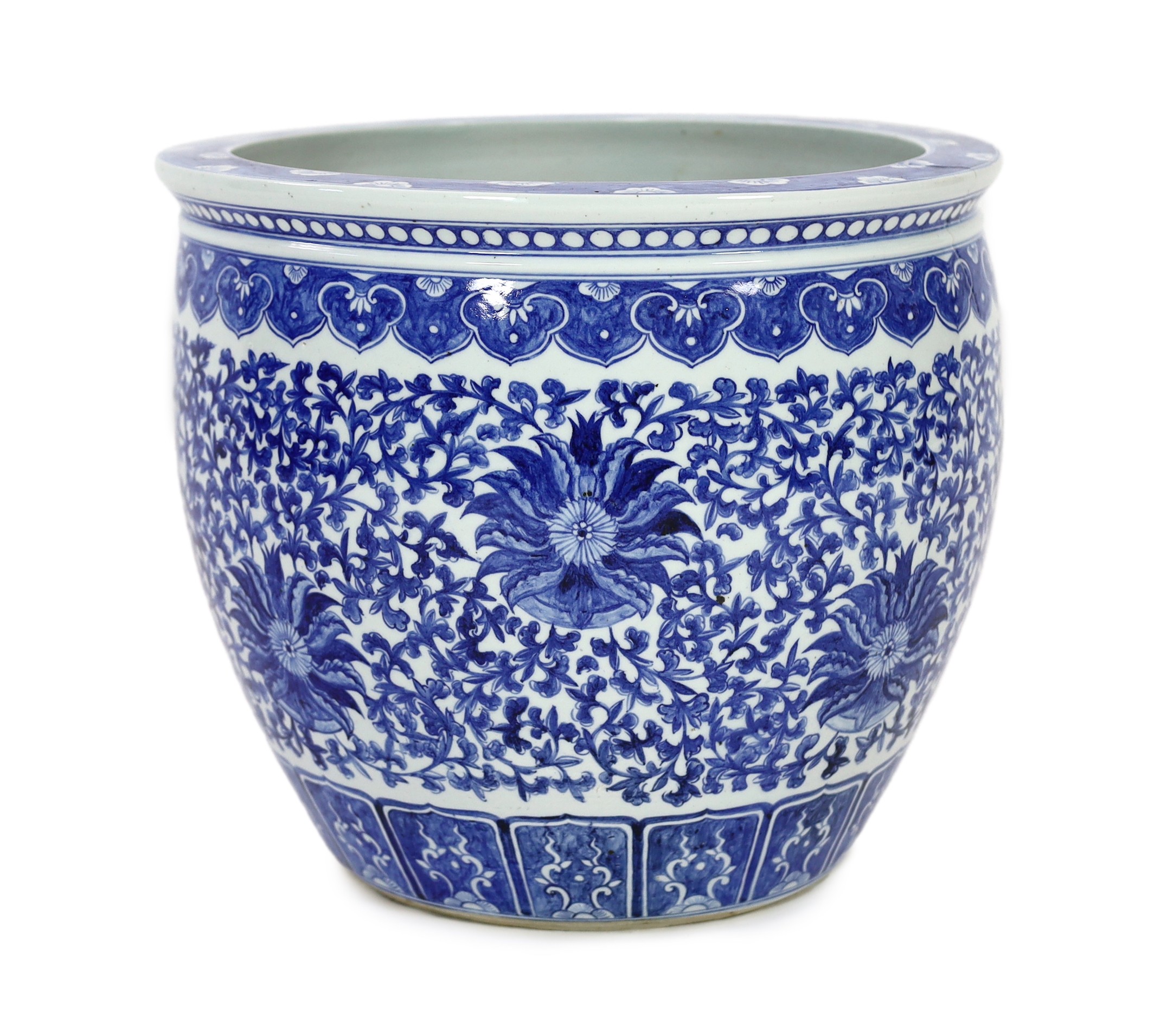 A Chinese blue and white ‘fish’ bowl, 20th century, painted with lotus flowers, scrolling tendrils