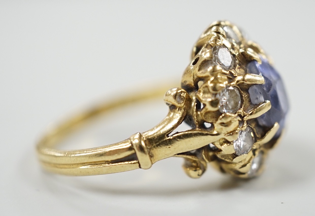 An early to mid 20th century yellow metal, sapphire and diamond set oval cluster dress ring, size - Image 3 of 4