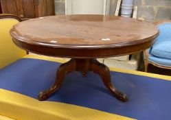 A Victorian circular mahogany table, cut down, diameter 101cm, height 52cm