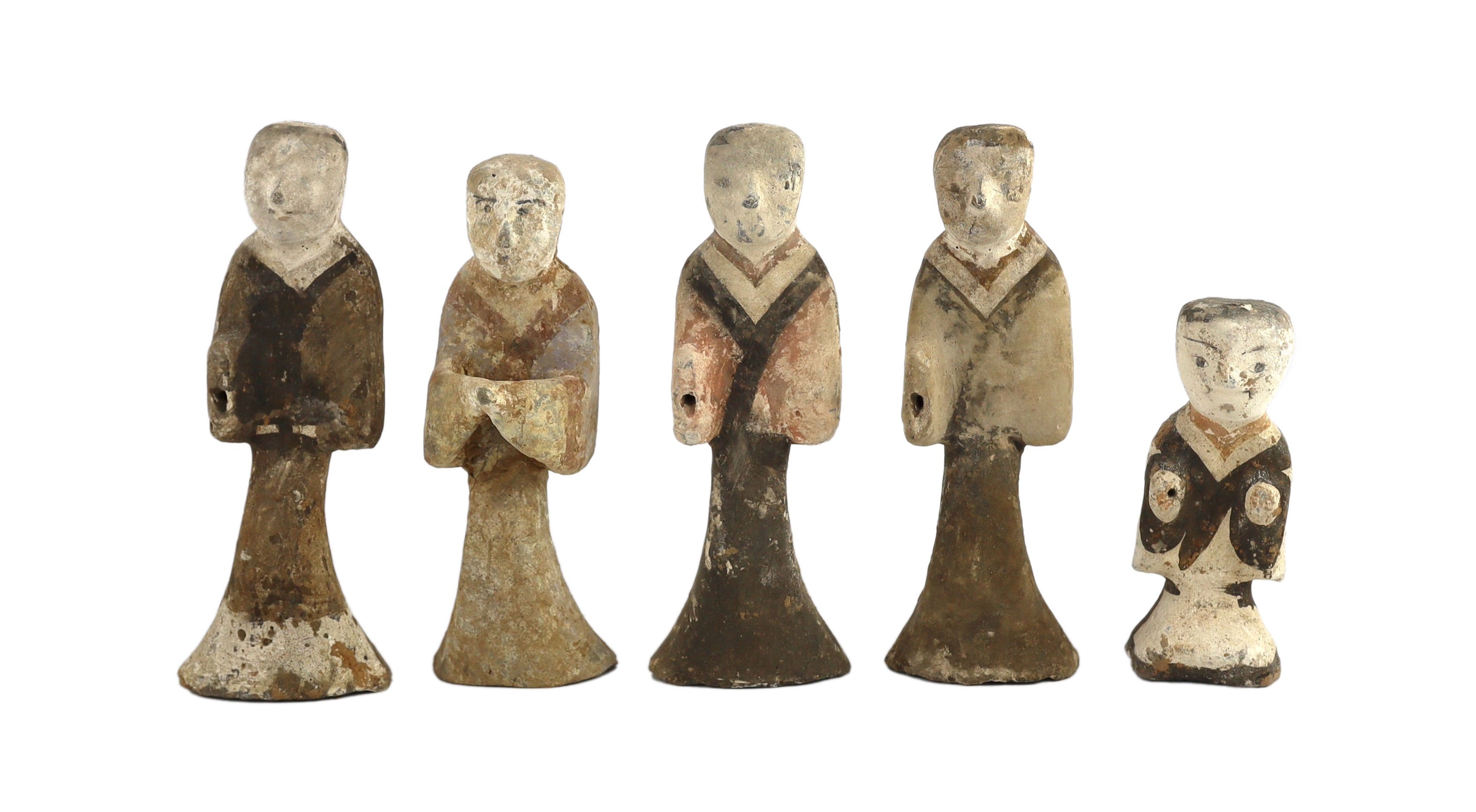 A set of five Chinese pigment painted pottery standing figures of musicians, Han dynasty or later,