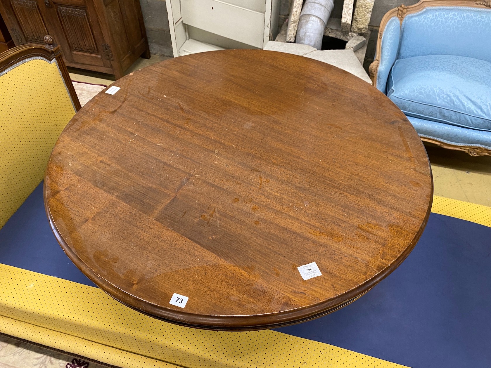 A Victorian circular mahogany table, cut down, diameter 101cm, height 52cm - Image 2 of 2