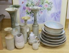 A collection of studio pottery tall stemmed vases and dishes and bowls, The majority by Susan