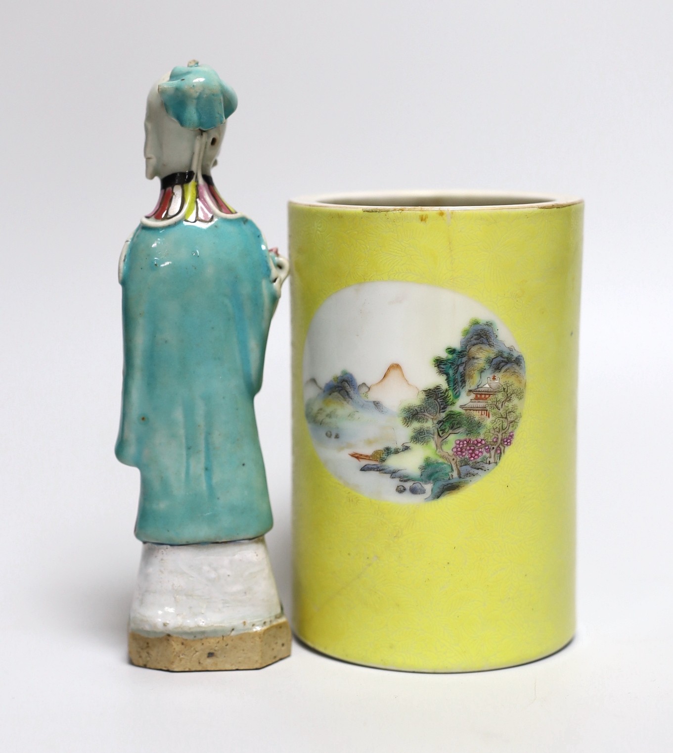 A Chinese yellow ground cylindrical brush pot, Republic period and a Jiaqing famille rose figure - Image 2 of 3