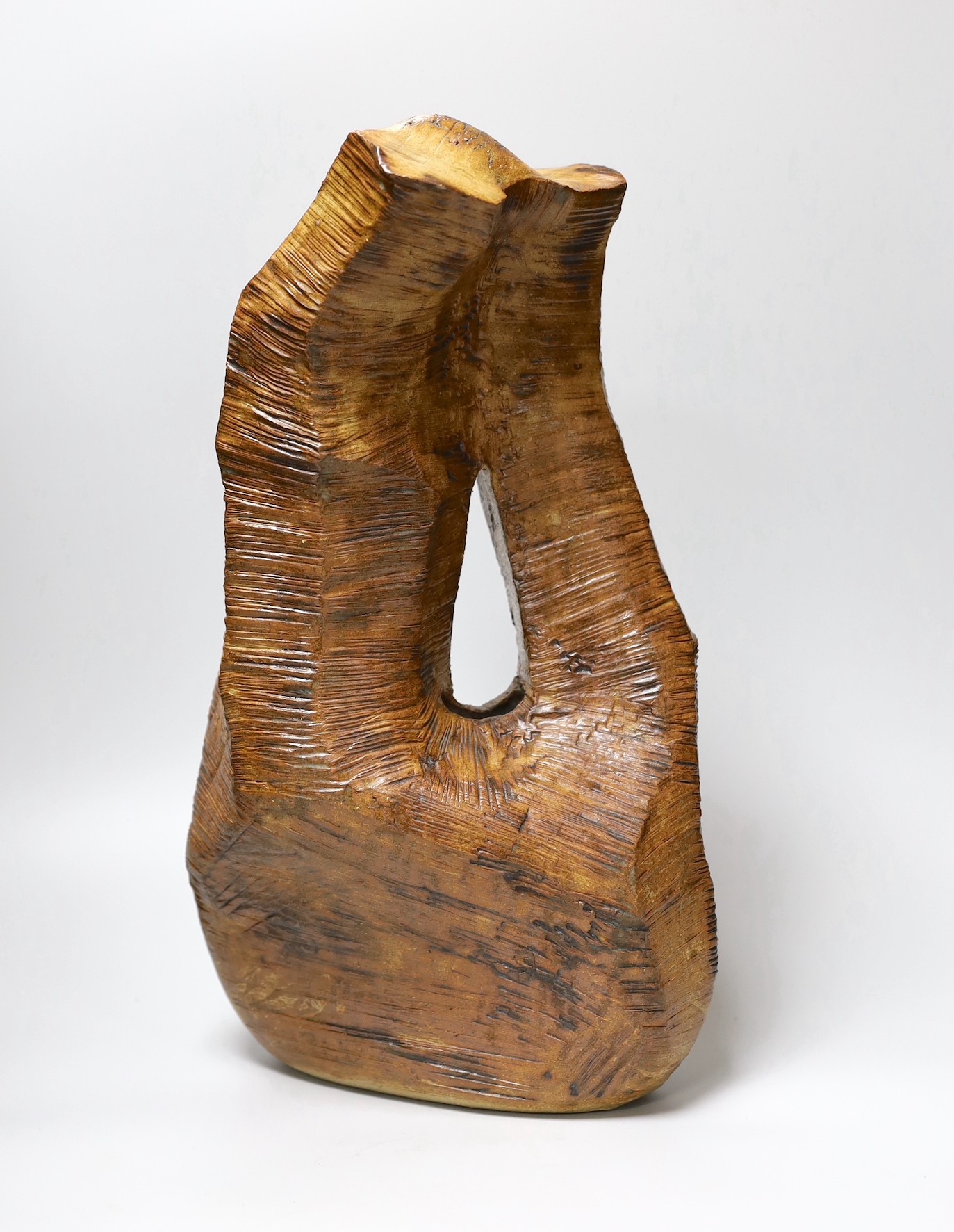 Ruth Sulke - a large brown copper glazed stoneware angular “wooden” sculpture with central hole, - Image 2 of 4