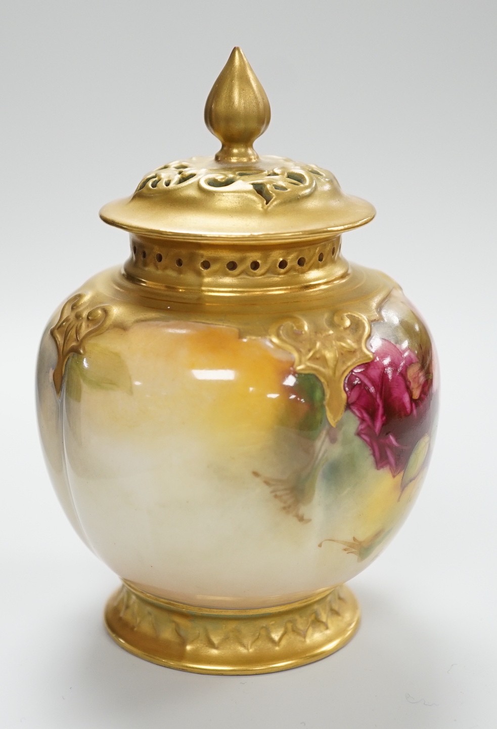 A Royal Worcester pink rose painted pot pourri vase and cover. 14cm tall - Image 4 of 5