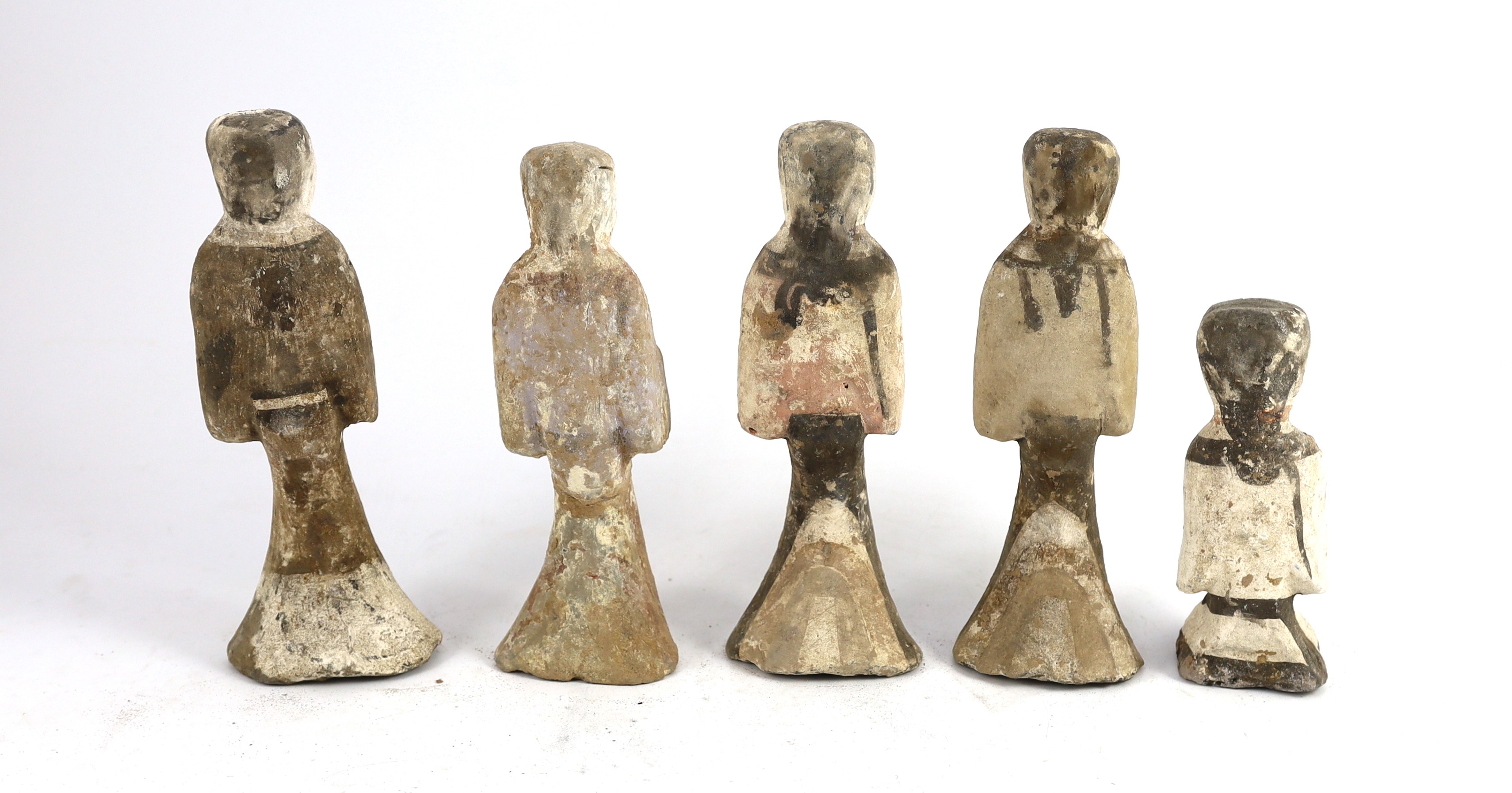 A set of five Chinese pigment painted pottery standing figures of musicians, Han dynasty or later, - Image 2 of 3