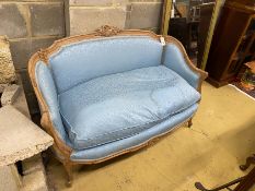 A French upholstered two seater canape, width 121cm, depth 68cm, height 80cm