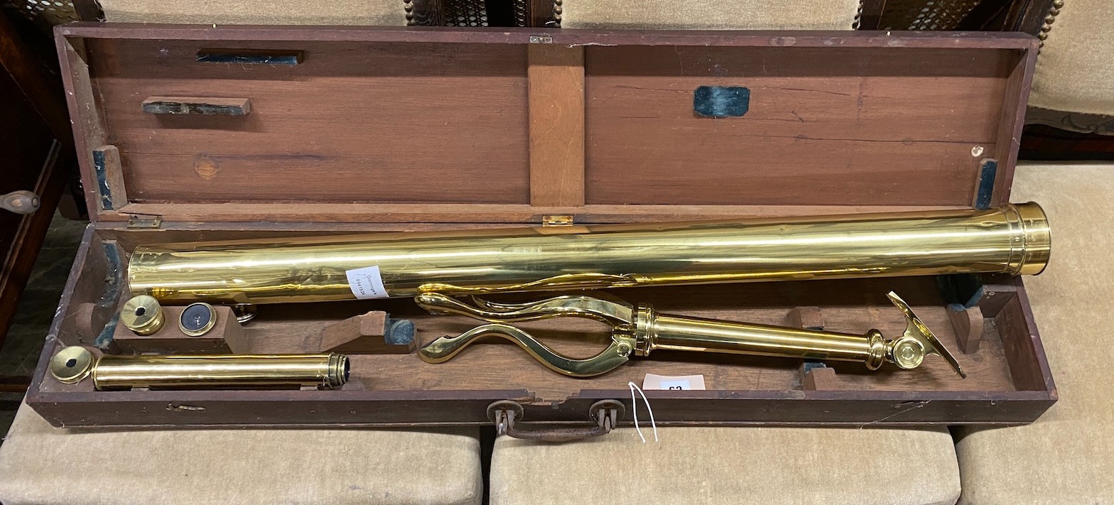 A brass telescope, on tripod stand marked Adie & Son, Edinburgh, mahogany cased