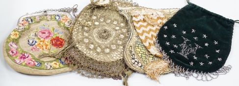 A collection of 19th and early 20th century crochet, embroidered and beaded reticules, evening