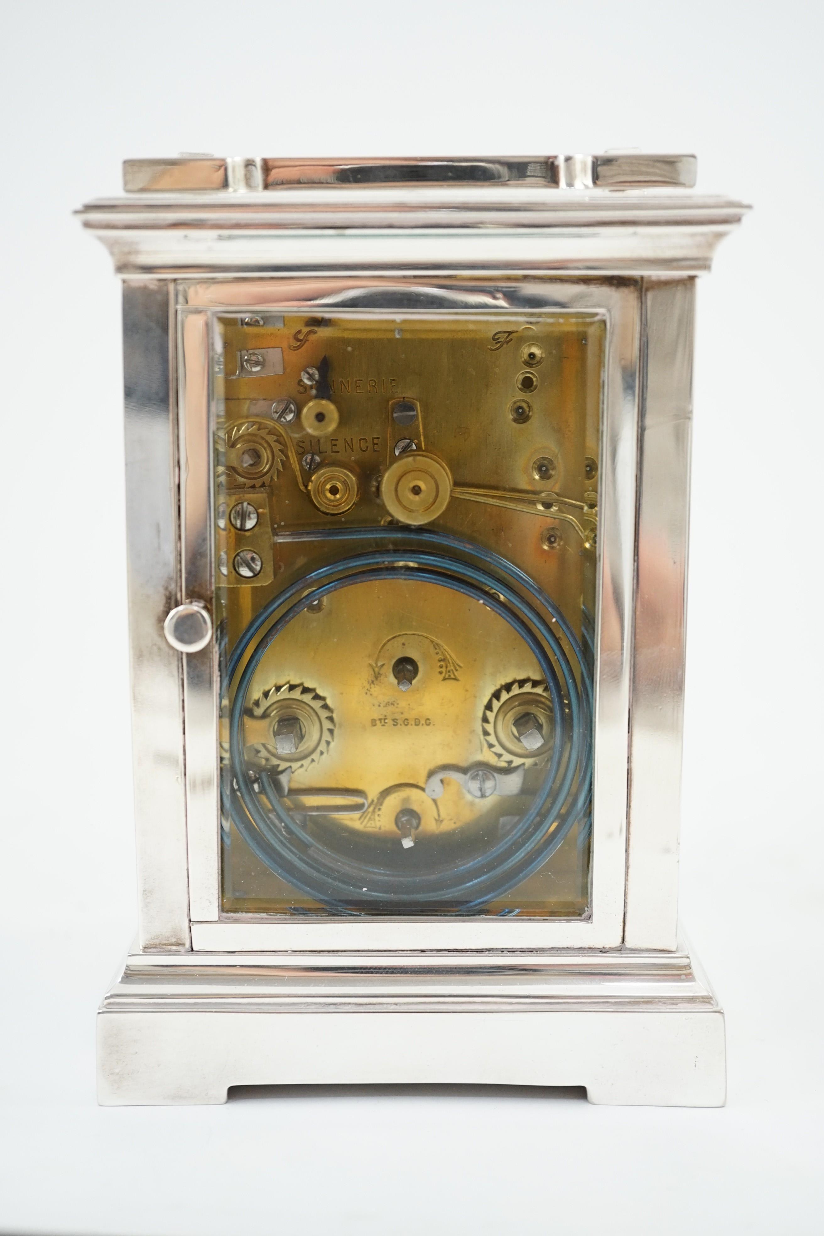 An early 20th century silver plated sonnerie carriage clock, with plain case, alarum and quarter - Image 5 of 6