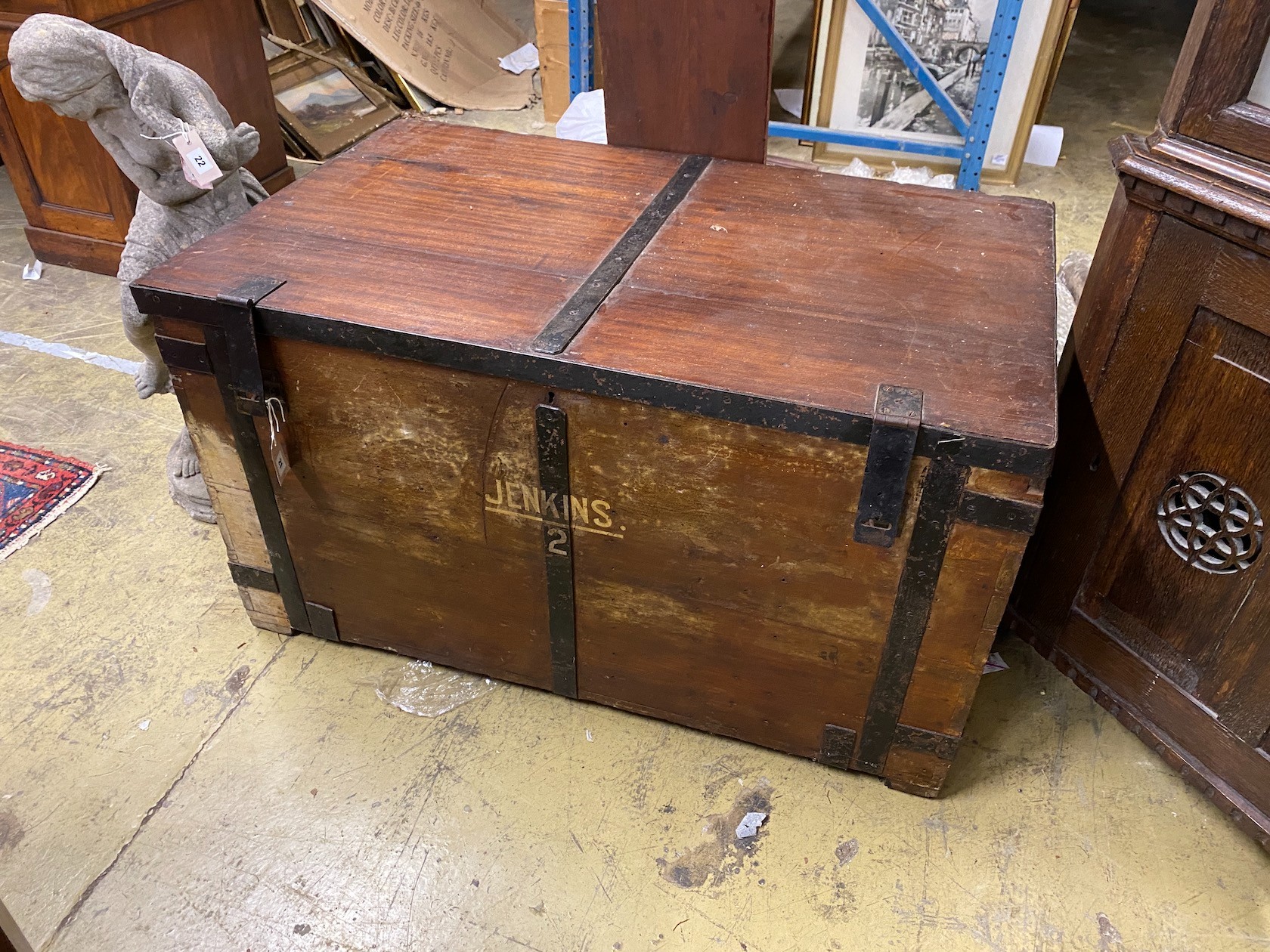 A Victorian iron bound teak trunk with zinc lined interior, width 110cm, depth 67cm, height 61cm - Image 6 of 7