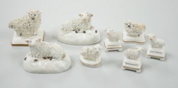 Three small Staffordshire models of sheep, together with five toy Staffordshire models of sheep, c.