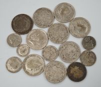 A selection of silver and cupro nickel coins, dating from Victoria to George V