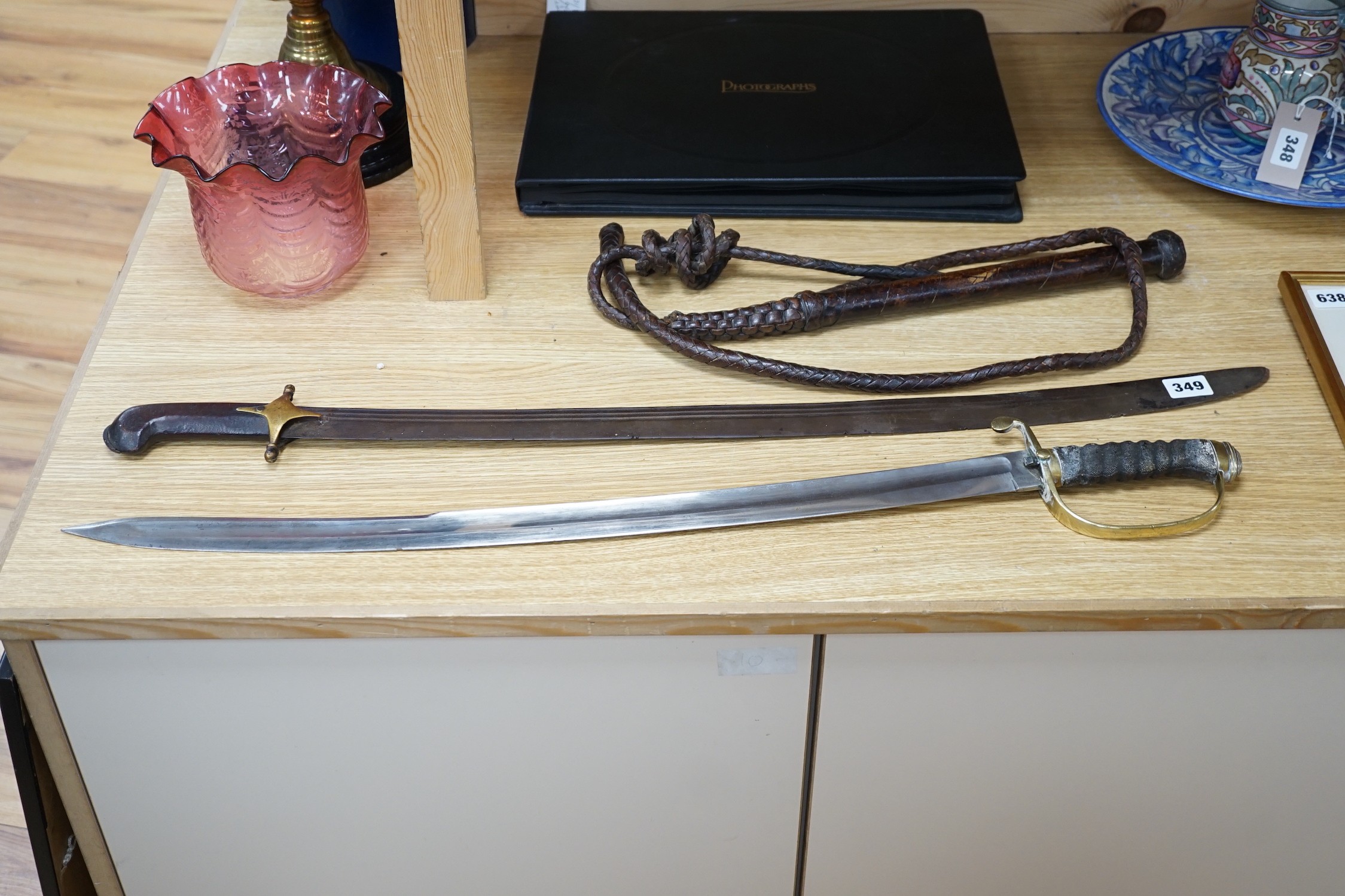 An Ottoman tulwar sabre, a European sabre and a leather whip - Image 5 of 7