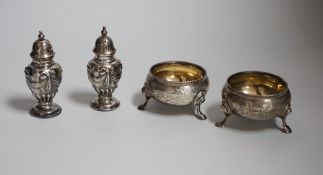 A pair of Victorian silver bun salts, London, 1868, diameter 5cm and a pair of Victorian silver
