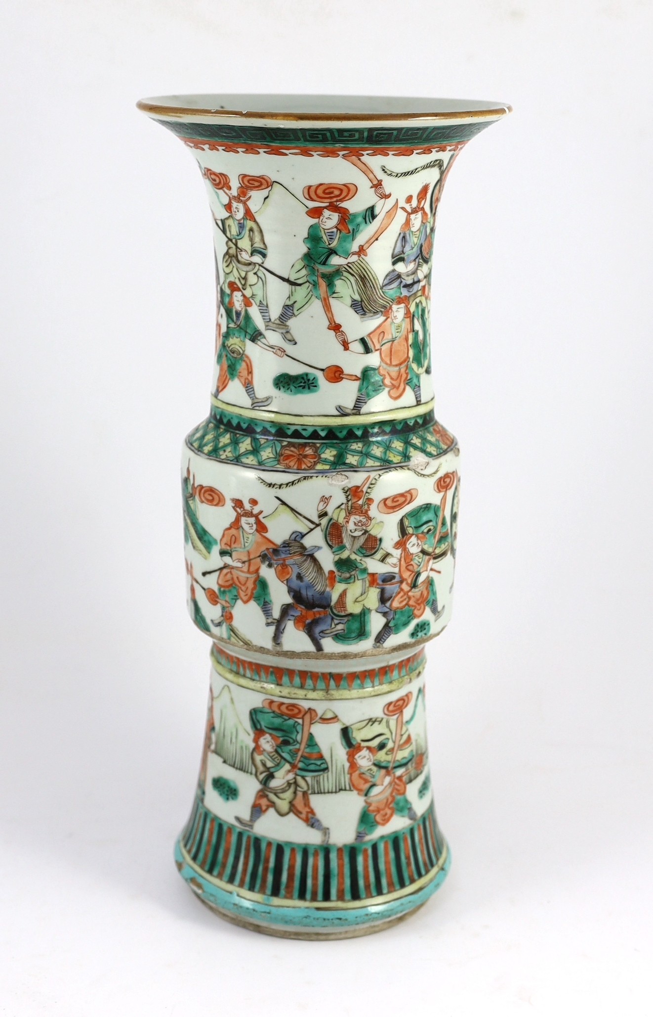 A Chinese famille verte beaker vase, gu, 19th century, painted with three continuous bands of - Image 2 of 5