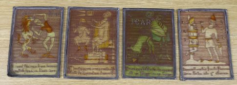 A set of four stained glass panels - ‘courage’, ‘generosity’, ‘fear’ and ‘hatred’. 18x13cm