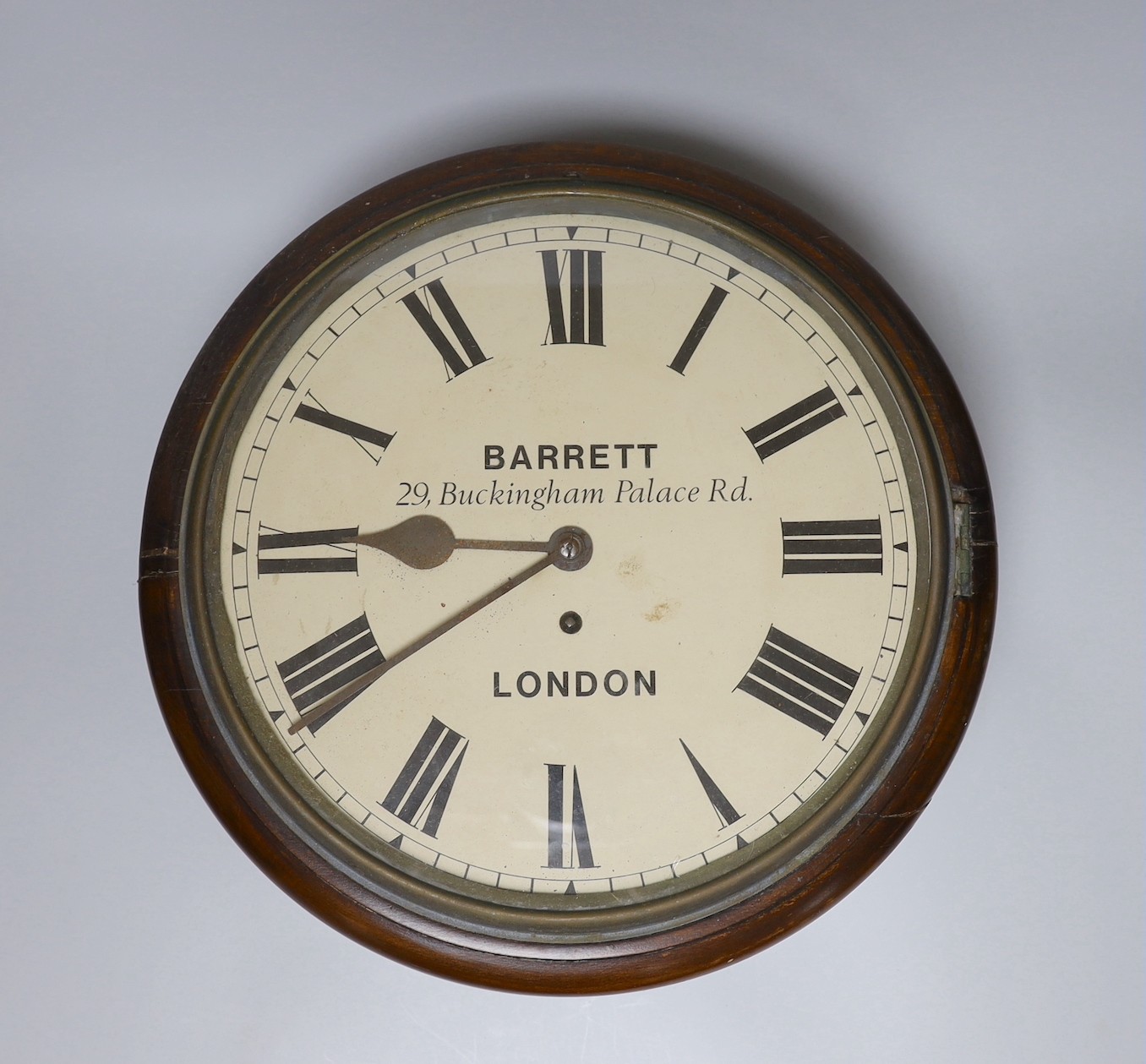 A late Victorian dial clock with key and pendulum, 36cm diameter, Single fusee movement, box case