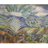 Edward Foster, oil on board, Tropical landscape with banana plant, signed and dated 1980, 24 x 29cm